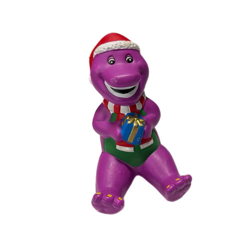 VTG Barney the Dinosaur Christmas Figurine Santa Hat Gift 90s Cake Topper